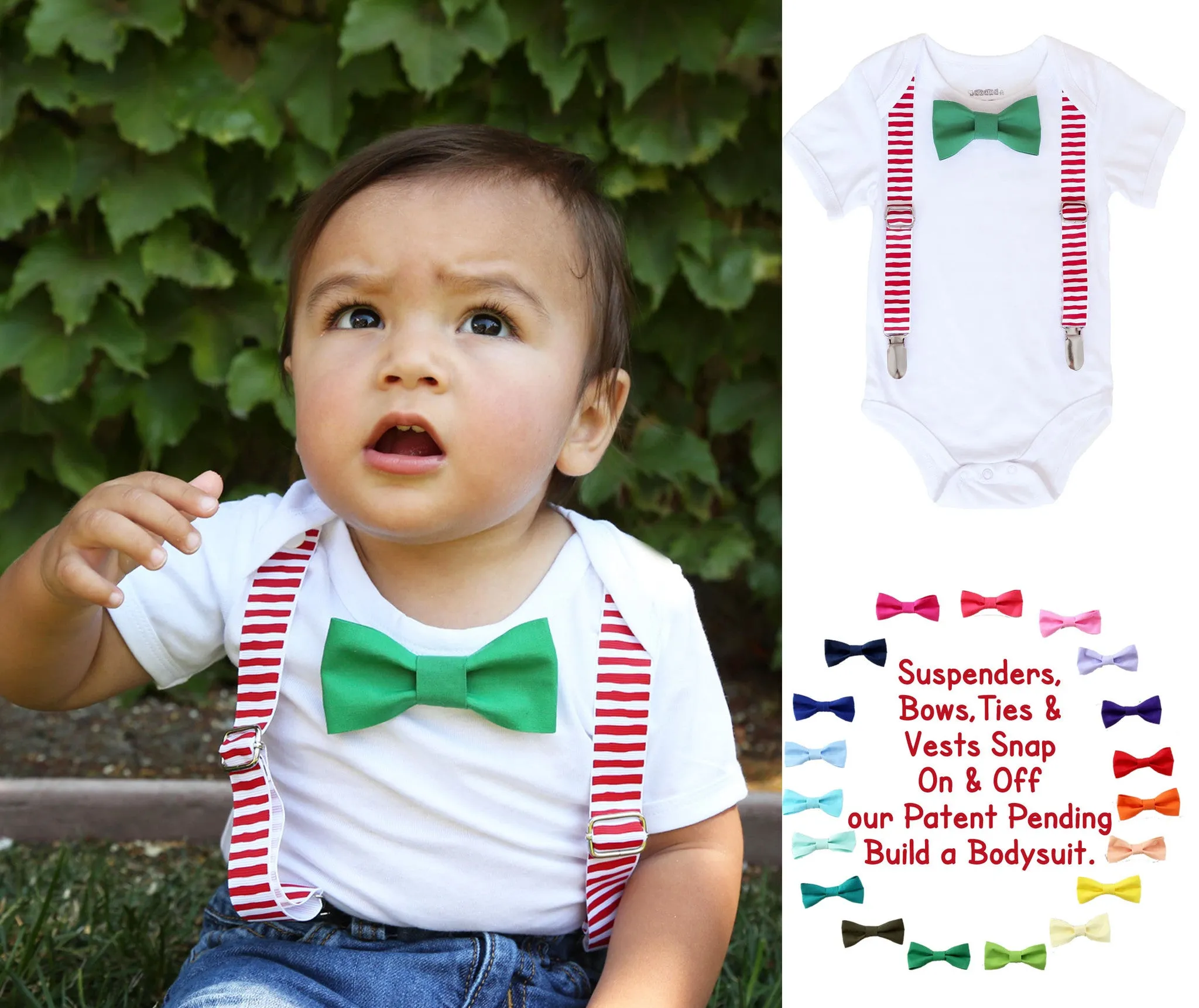 Christmas Outfits for Boys Red White Suspenders Green Bow Tie