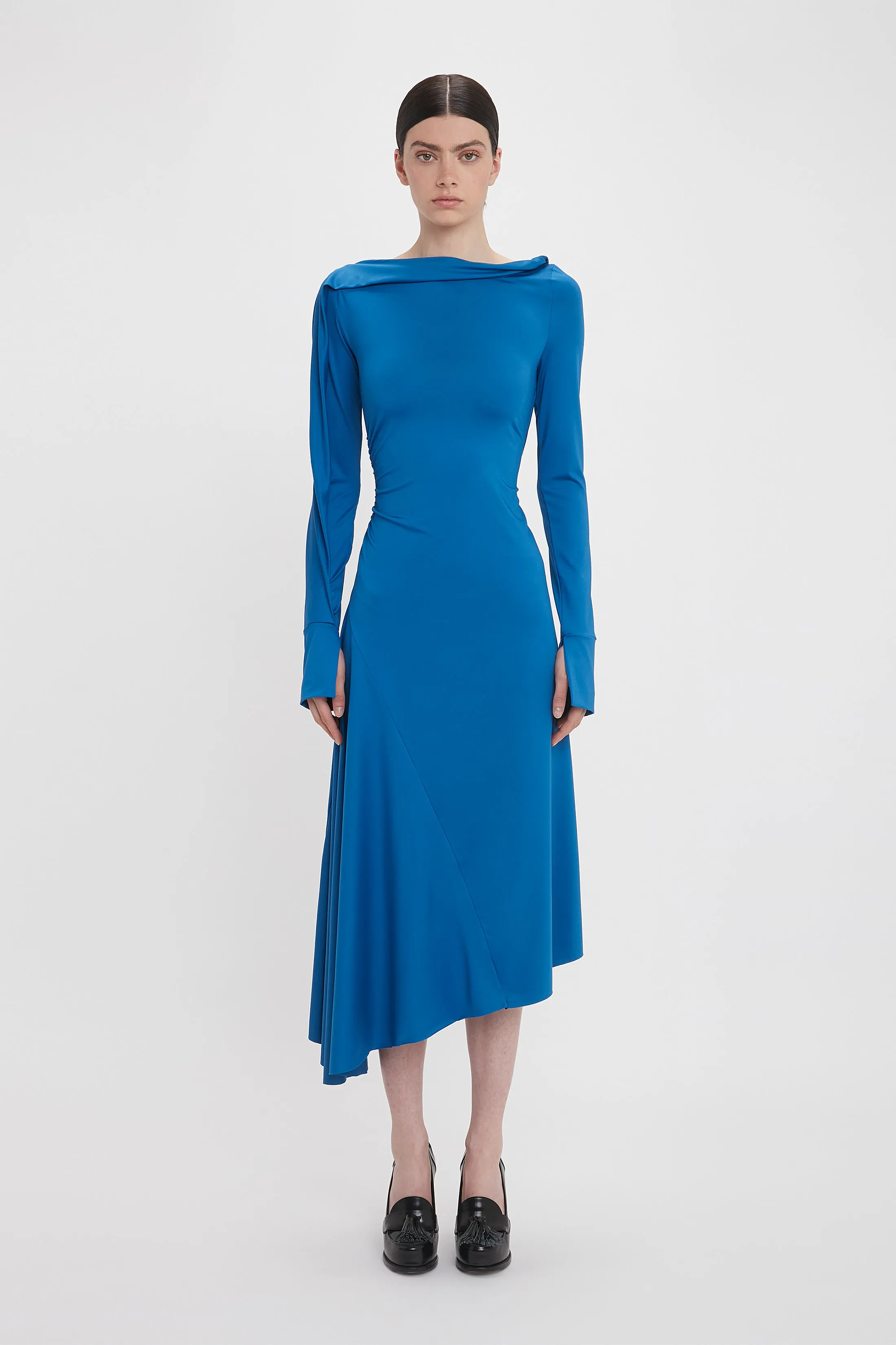 Long Sleeve Draped Jersey Midi Dress In Ocean Blue