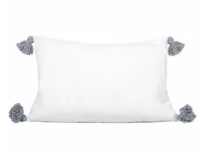 Moroccan PomPom Lumbar Pillow Cover - White with Grey Pom Poms